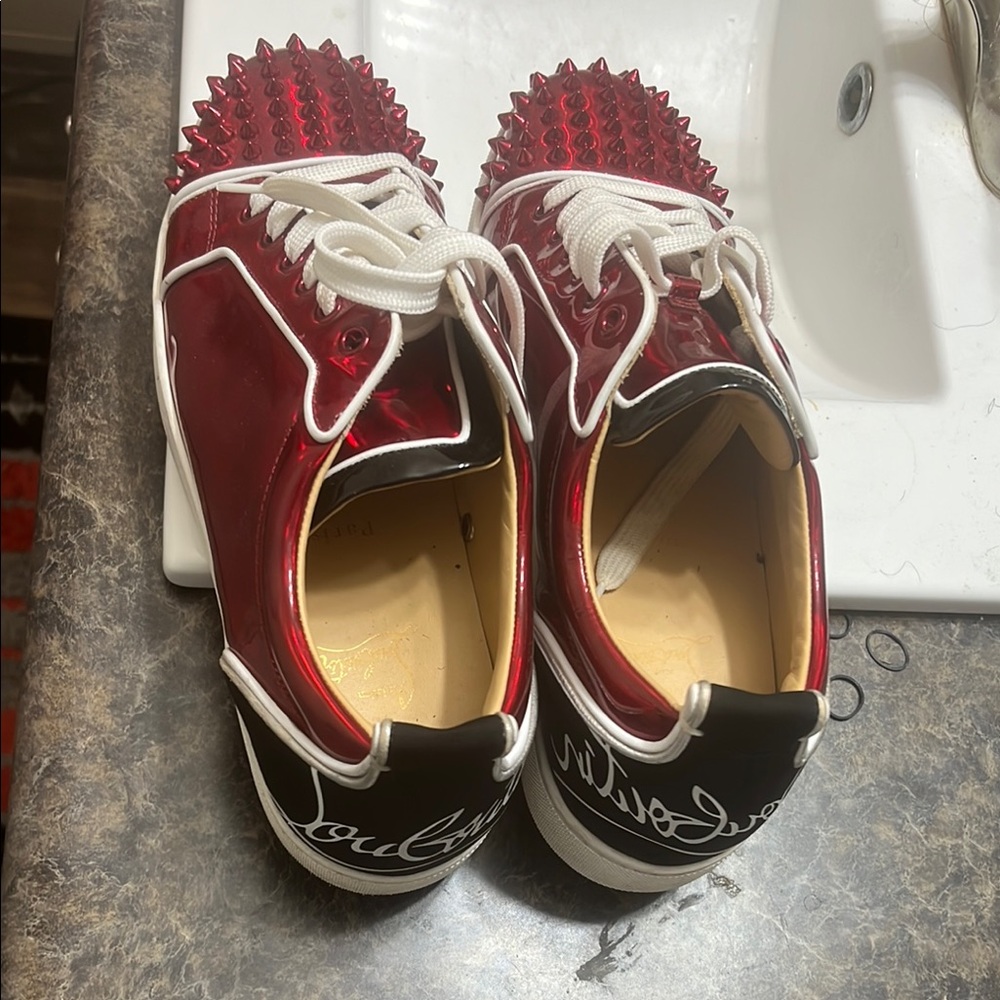 Christian Louboutin Red and White Spiked Sneakers